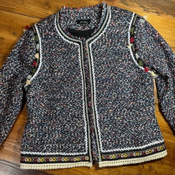 Lea & Viola Women’s Black, Multi-Colored Chunky Woven Tweed Jacket w/ Tassels L - Picture 14 of 16